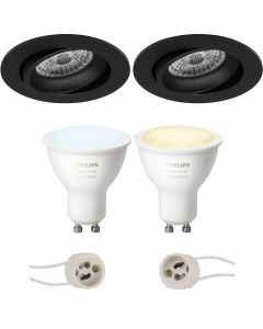 PHILIPS HUE - LED Spot Set GU10 - White Ambiance - Bluetooth - Pragmi Delton Pro - Inbouw Rond - Mat Zwart - Kantelbaar - Ø82mm