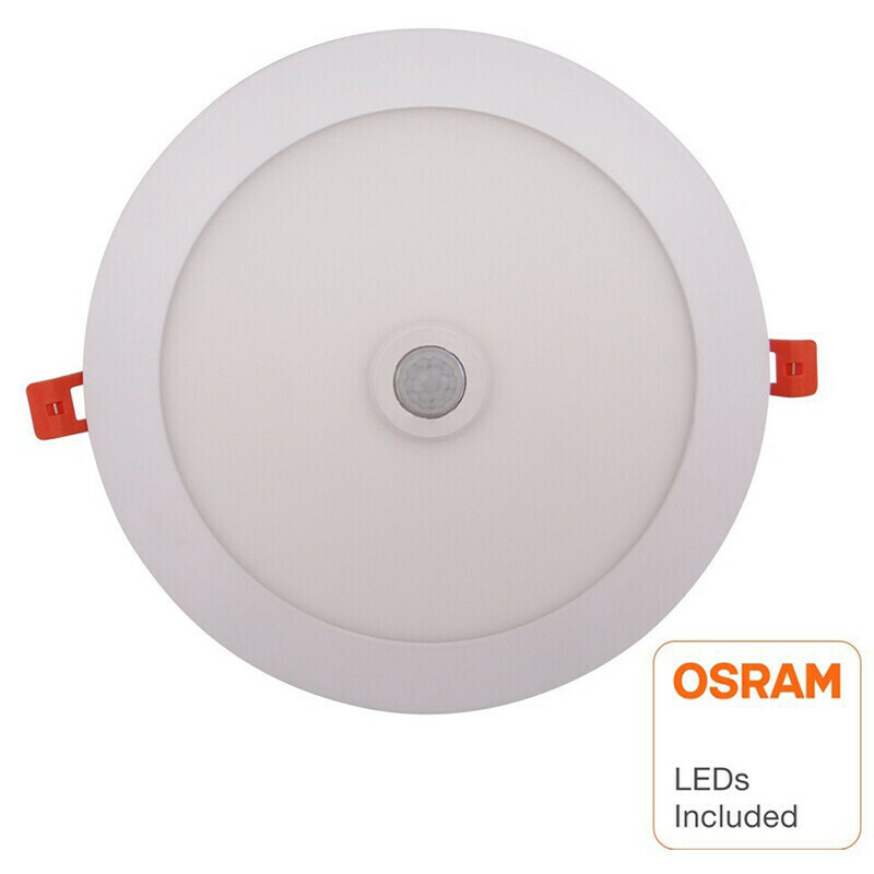 LED Downlight Slim - Facto Dury - PIR Bewegungssensor 360° + Tag und Nacht Sensor - 18W - Kaltweiß 5700K - Einbau - Rund - Mattweiß - OSRAM LEDs