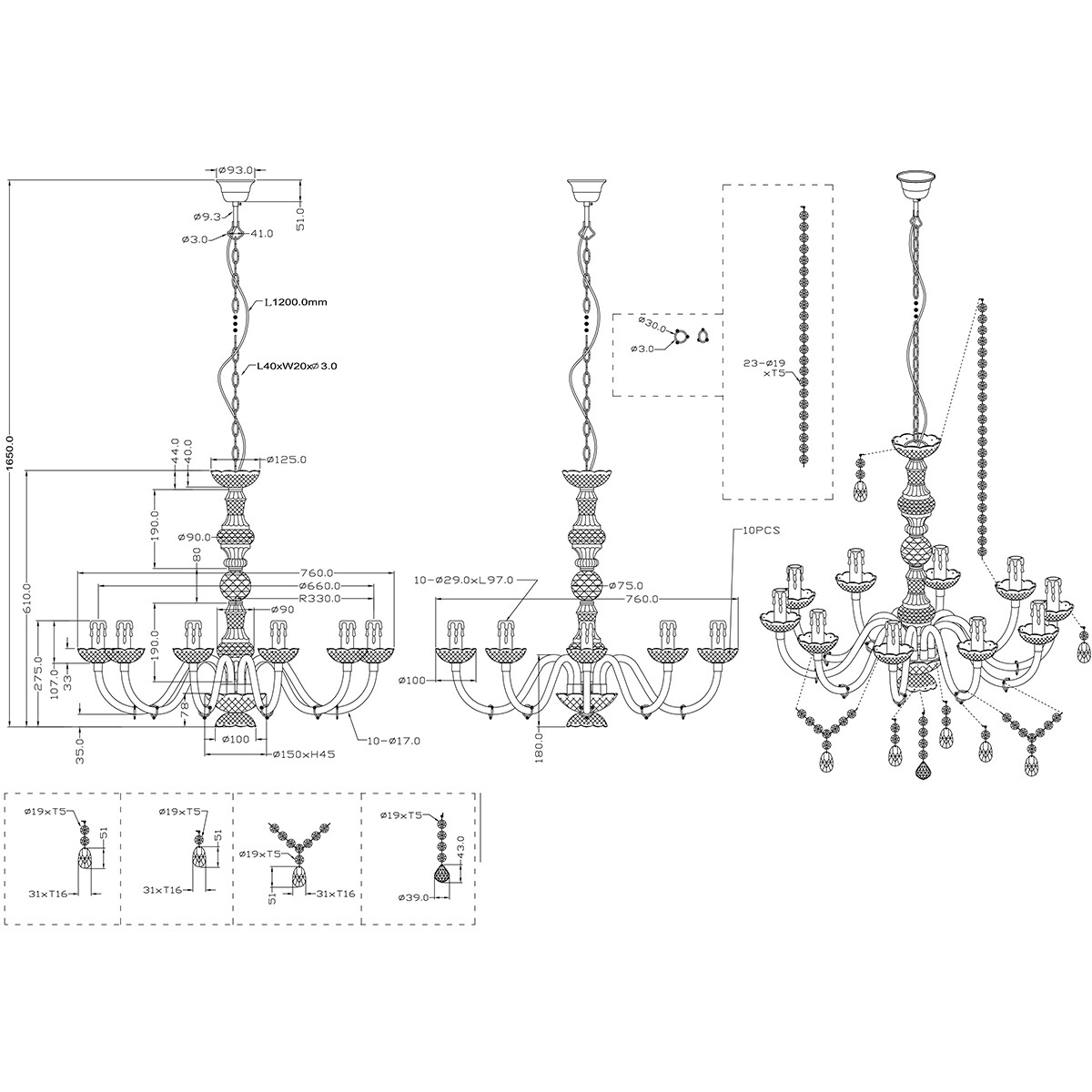 LED Kronleuchter - Trion Lucy - E14 Sockel - 10-flammig - Rund - Matt Chrom - Aluminium