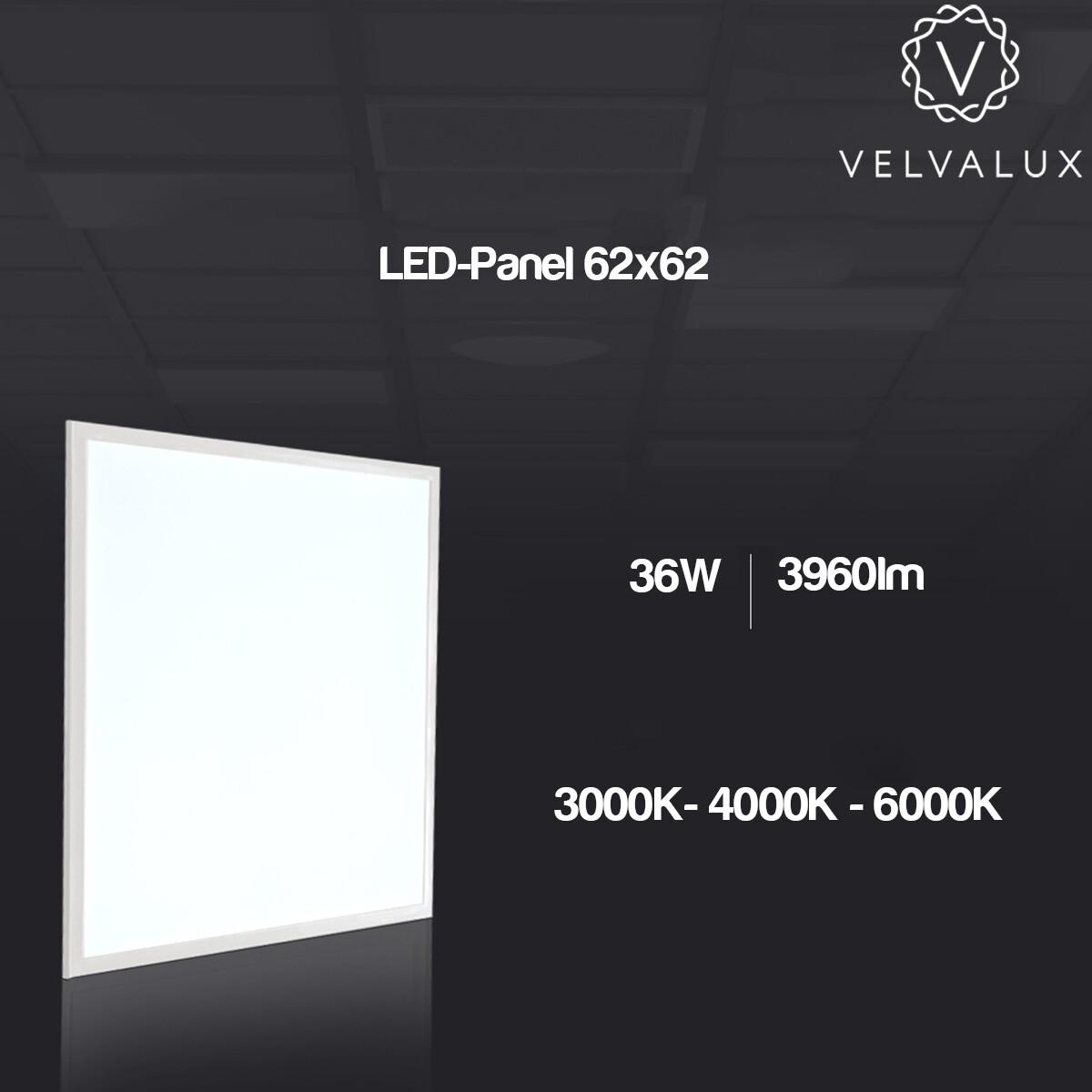 LED-Panel 62x62 - Velvalux Lumis - LED-Panel Deckenraster - Anpassbare Farbe CCT - 36W - Einbau - Quadratisch - Weiß - Flimmerfrei