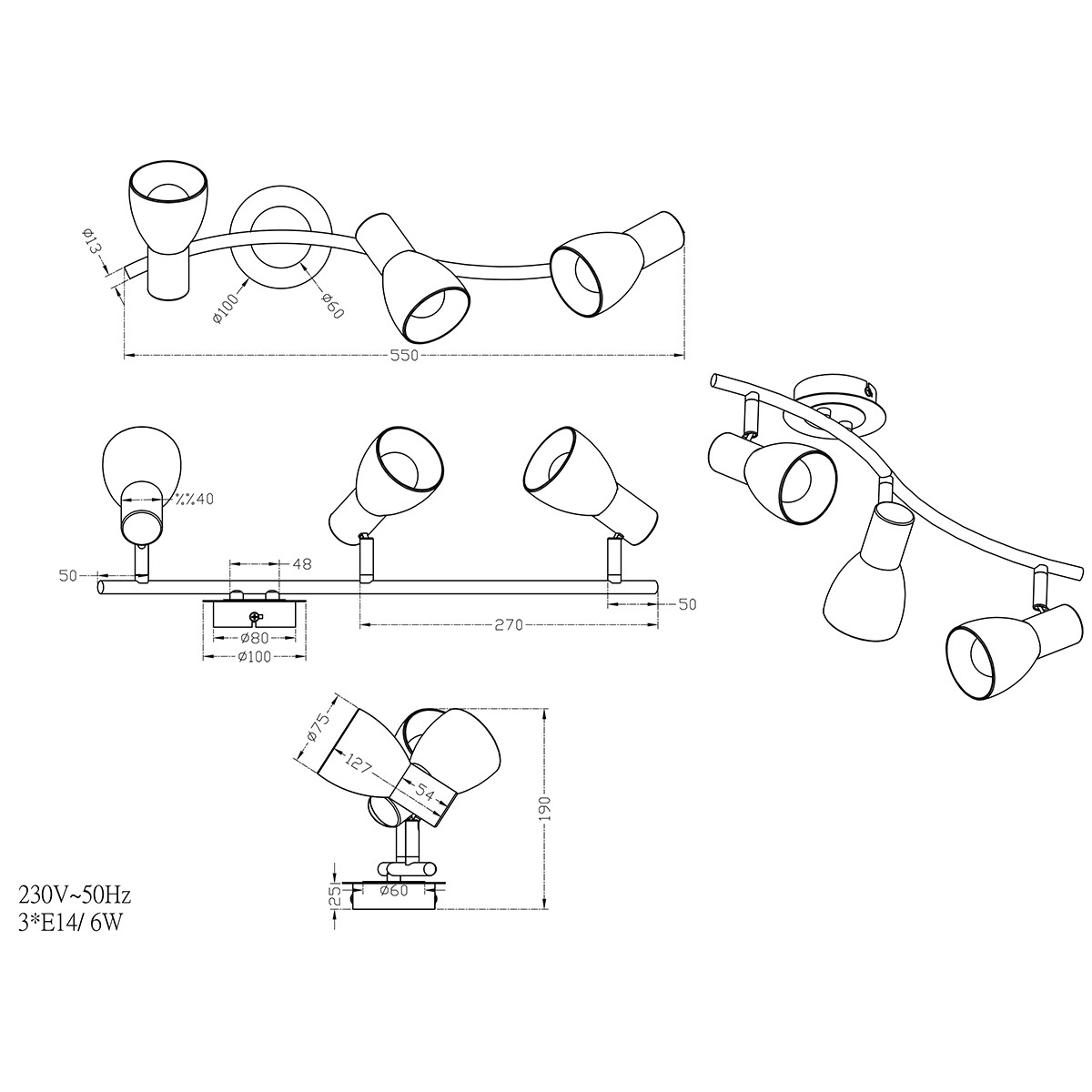 LED Deckenstrahler - Trion Levino - E14 Sockel - Warmweiß 3000K - 3-flammig - Rechteckig - Mattes Nickel - Aluminium