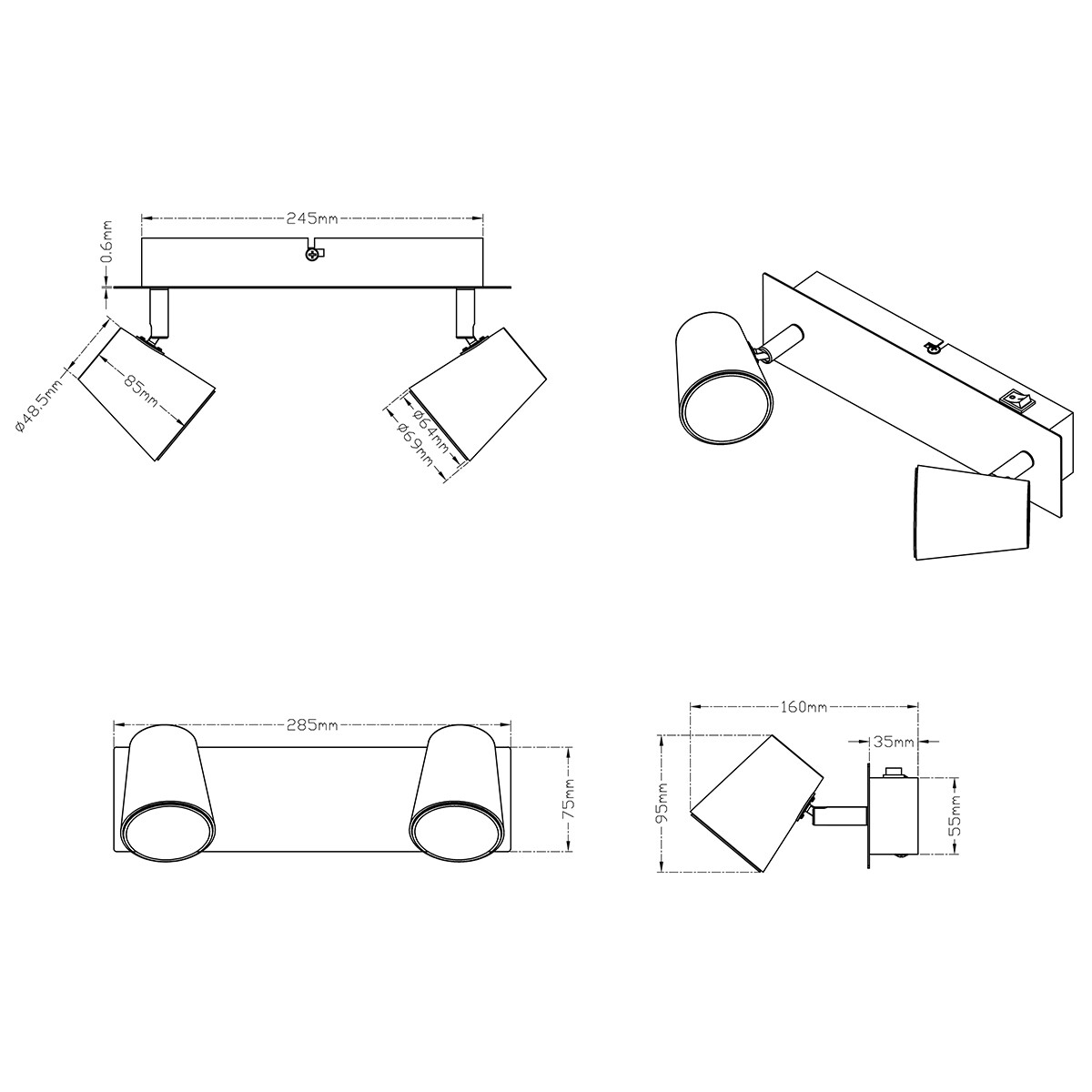 LED Deckenstrahler - Trion Narca - 12W - Warmweiß 3000K - 2-flammig - Rechteckig - Mattes Nickel - Aluminium