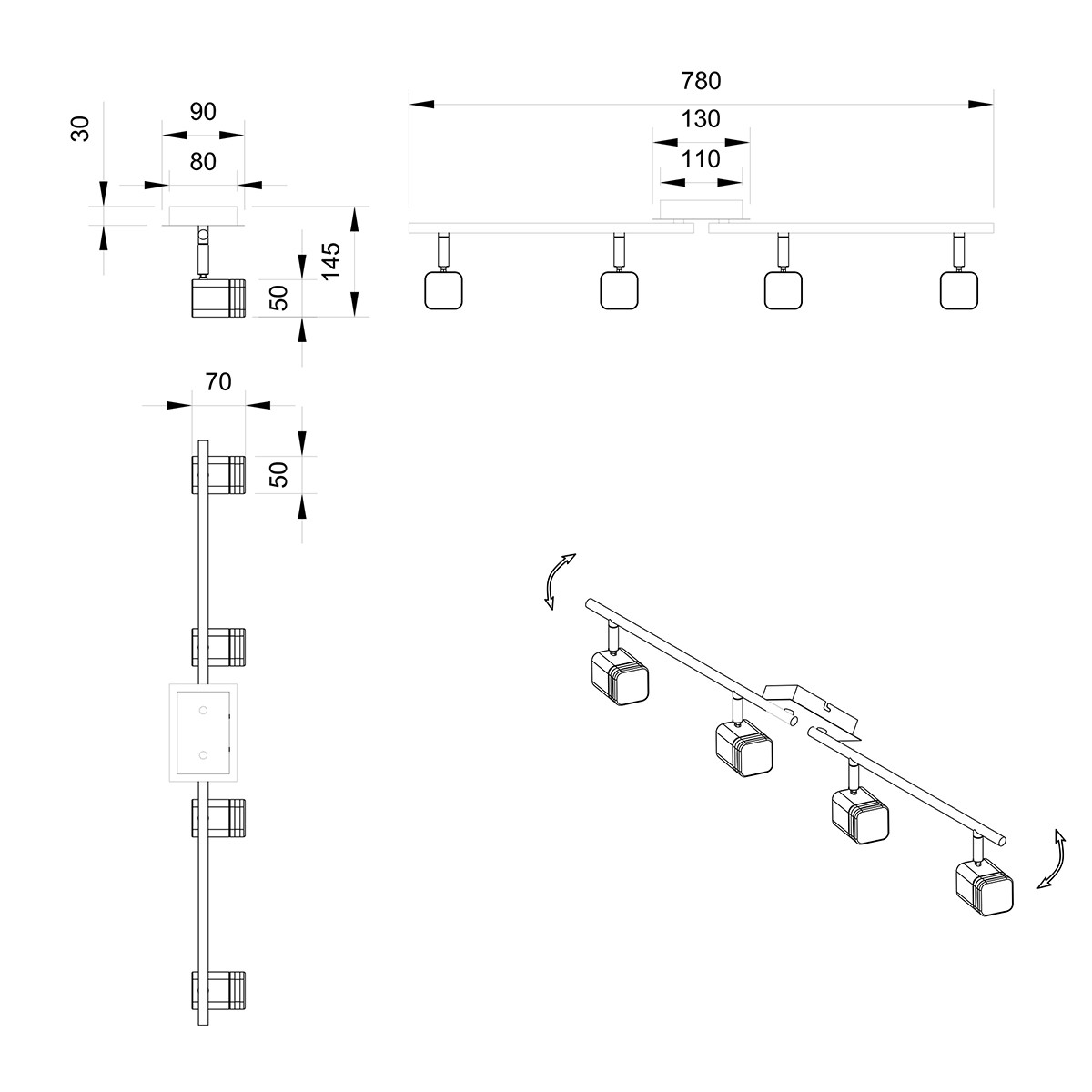 LED Deckenstrahler - Trion Ribon - 16W - Warmweiß 3000K - 4-flammig - Reckechtig - Matt Nickel - Aluminium