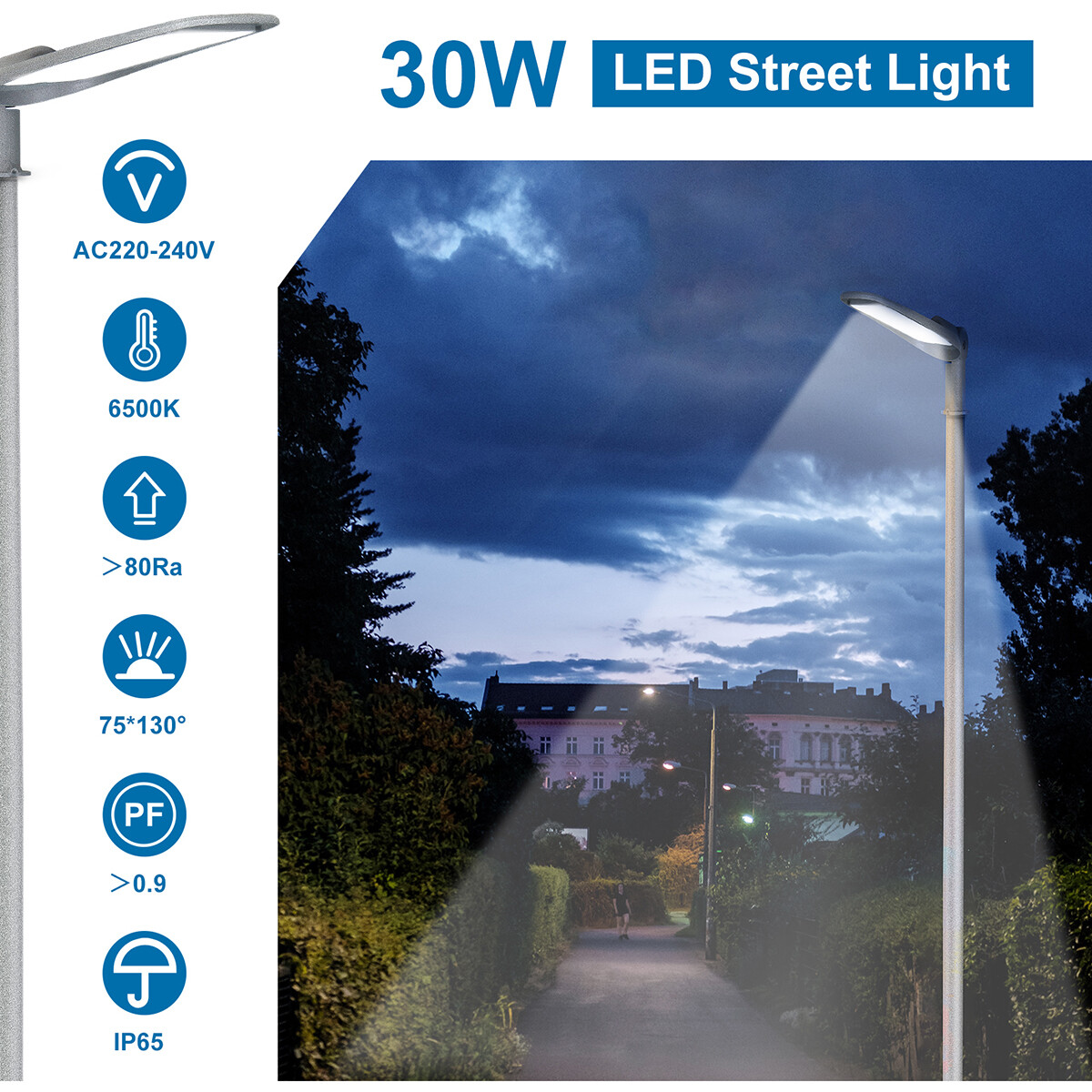 LED Straßenlaterne - Straßenbeleuchtung - Aigi Animo - 30W - Kaltweiß 6500K - Wasserdicht IP65 - Mattgrau - Aluminium