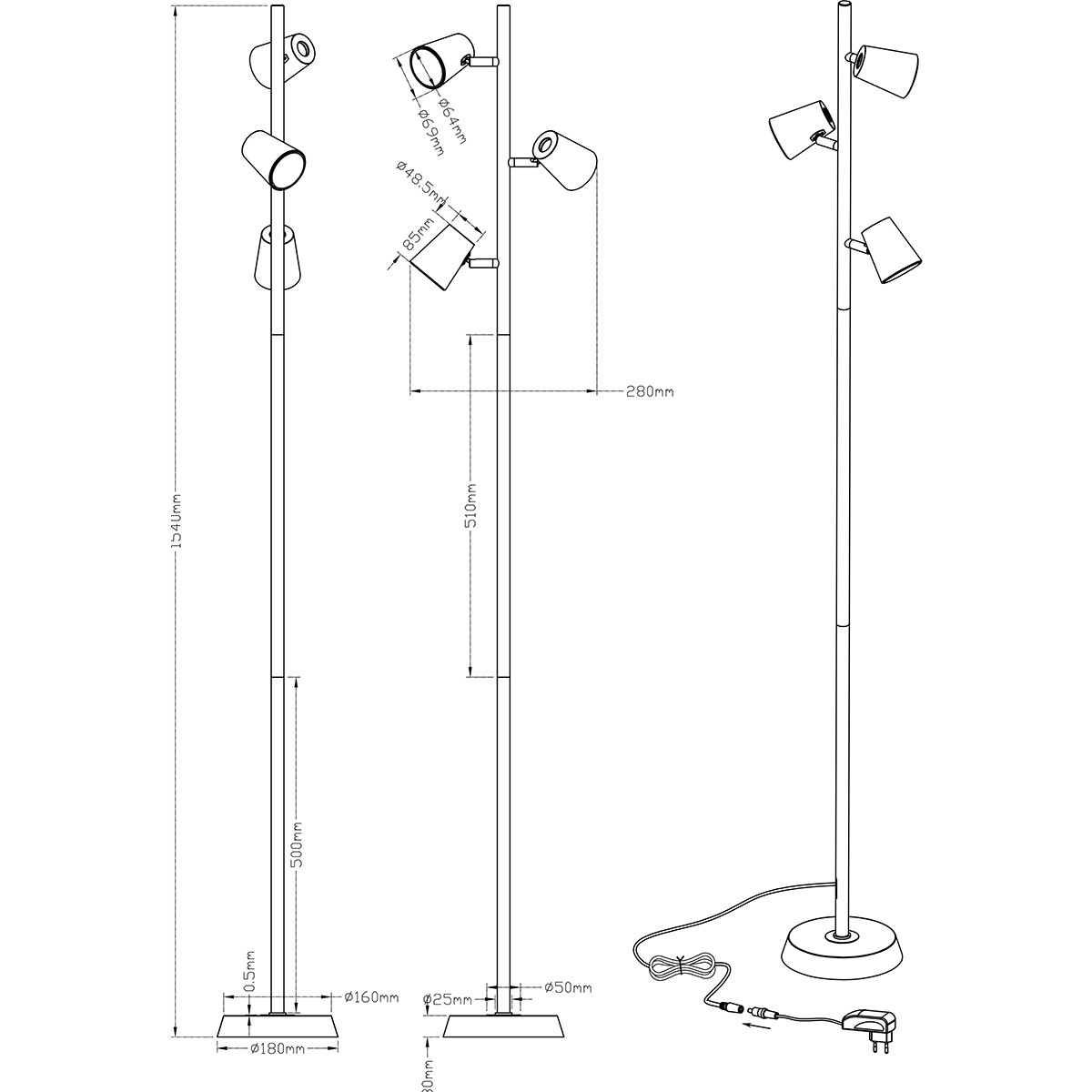 LED Stehleuchte - Trion Narca - 12W - Warmweiß 3000K - 3-flammig - Touchschalter - Rund - Matt Chrom - Aluminium