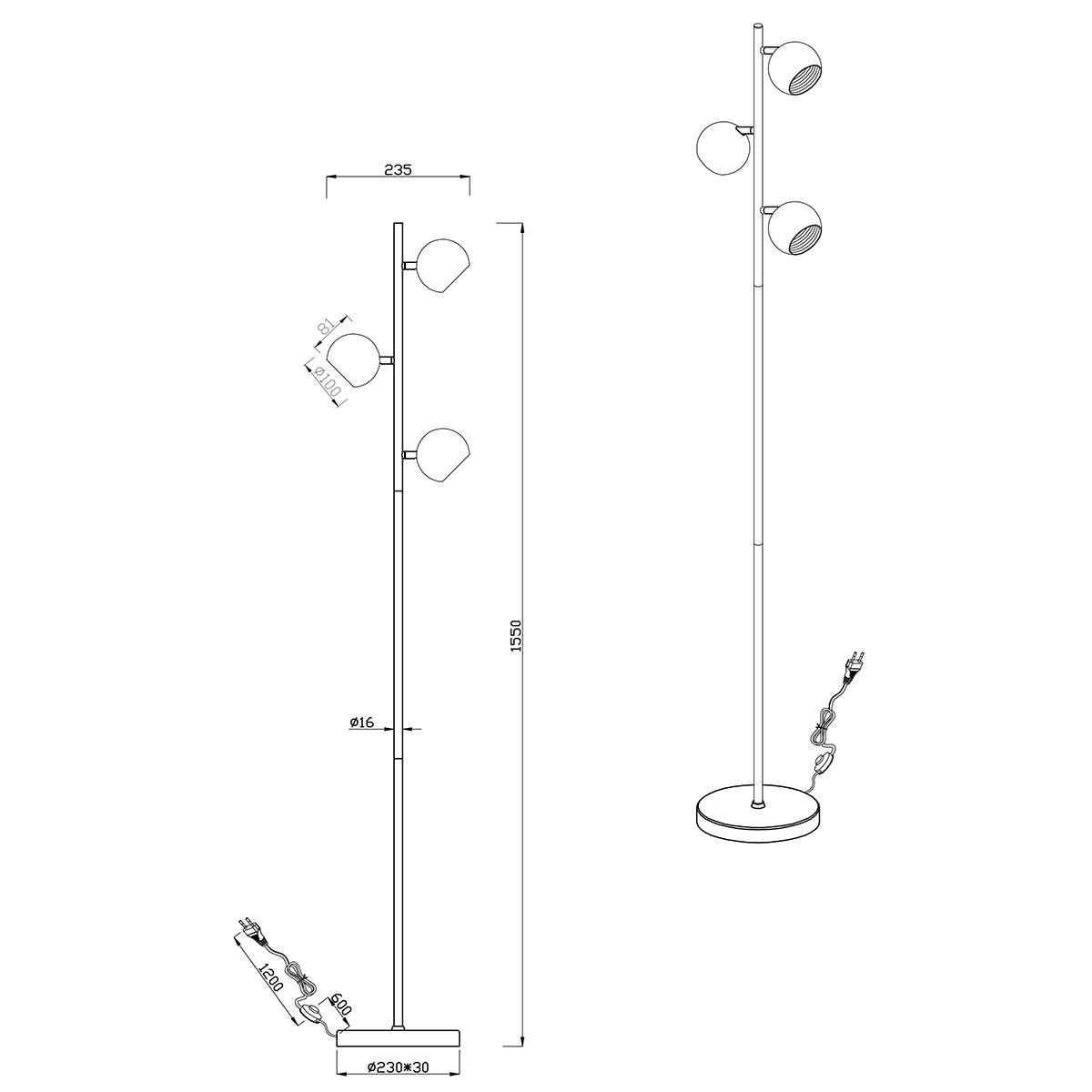 LED Stehleuchte - Trion Dakani - G9 Sockel - 3-flammig - Rund - Mattschwarz - Aluminium