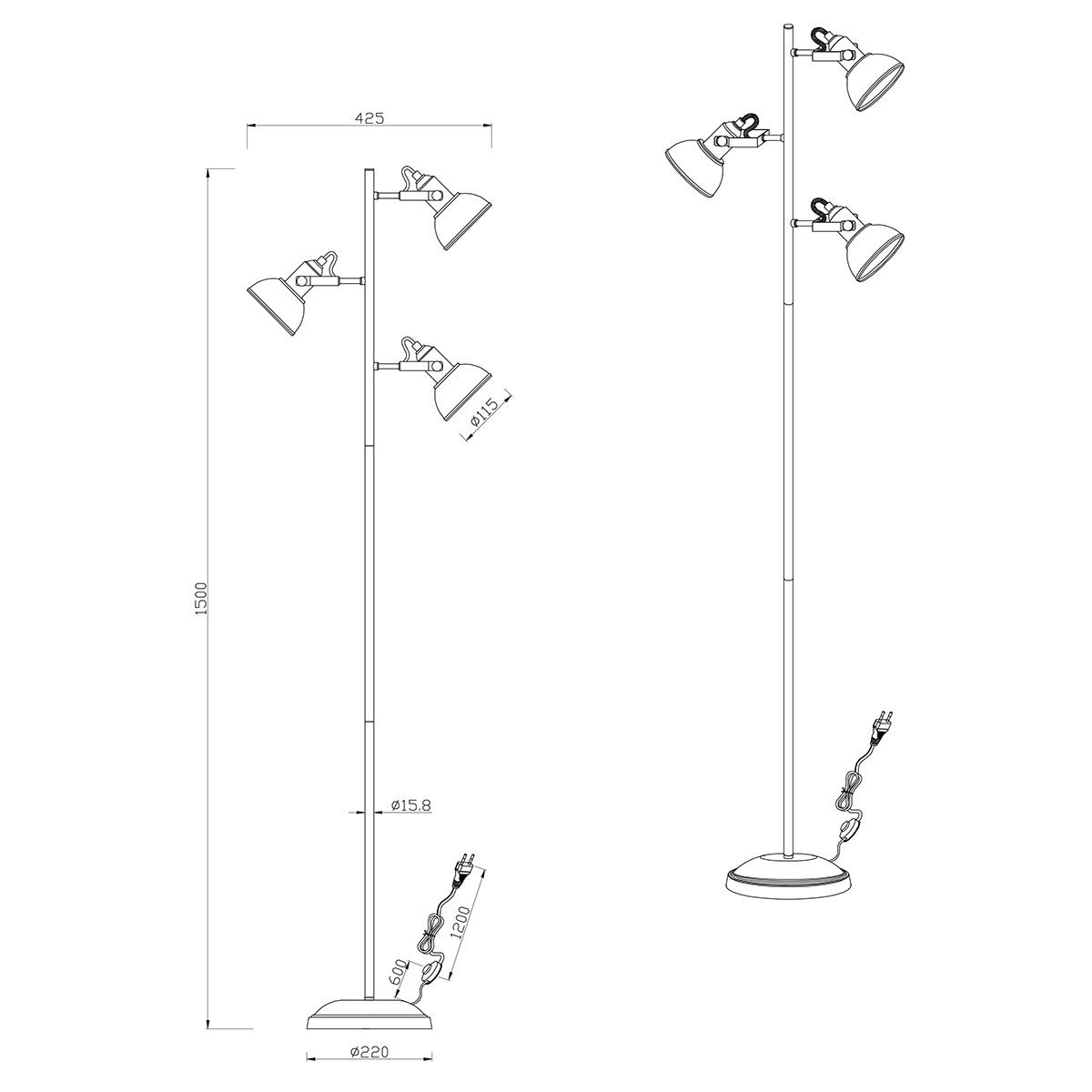 LED Stehleuchte - Trion Gini - E14 Sockel - 3-flammig - Rund - Mattschwarz - Aluminium