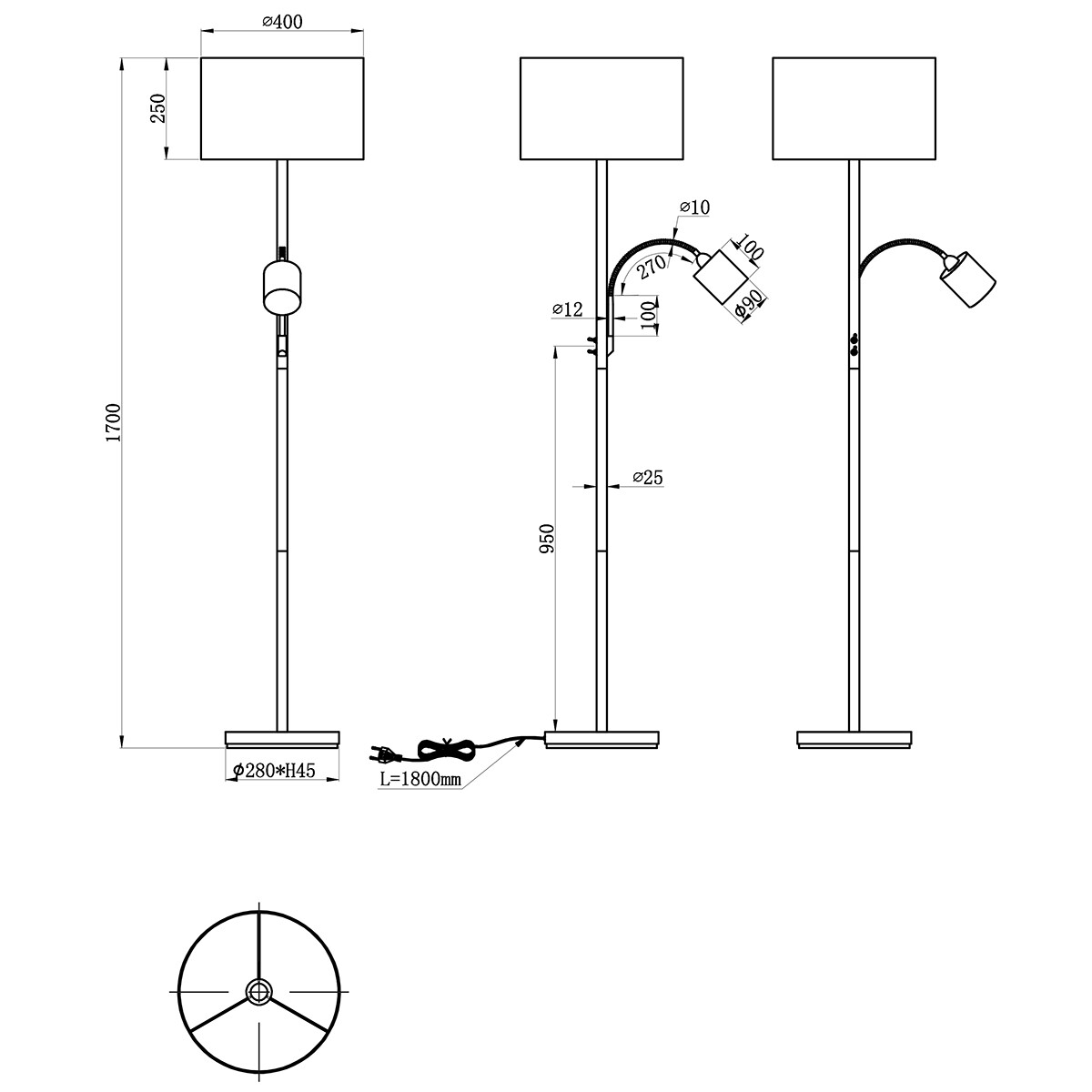 LED Stehleuchte - Trion Hotia - E14 Sockel - Rund - Matt Grau - Aluminium