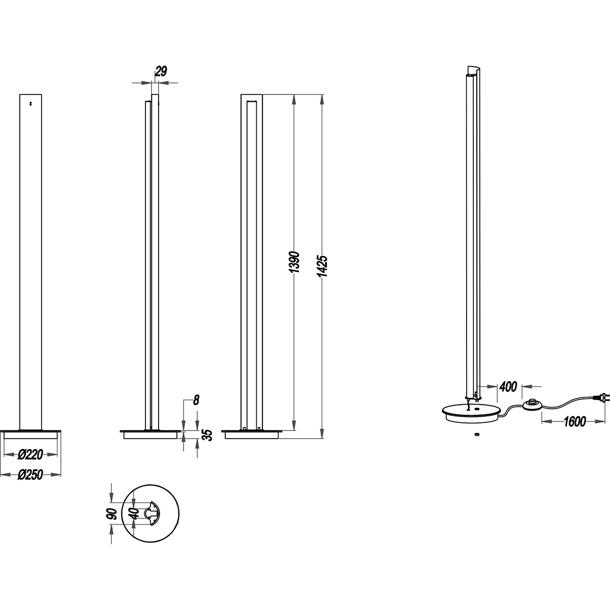 LED Stehleuchte - Trion Texy - 15W - Warmweiß 3000K - 1-flammig - Dimmbar - Rund - Mattschwarz - Aluminium