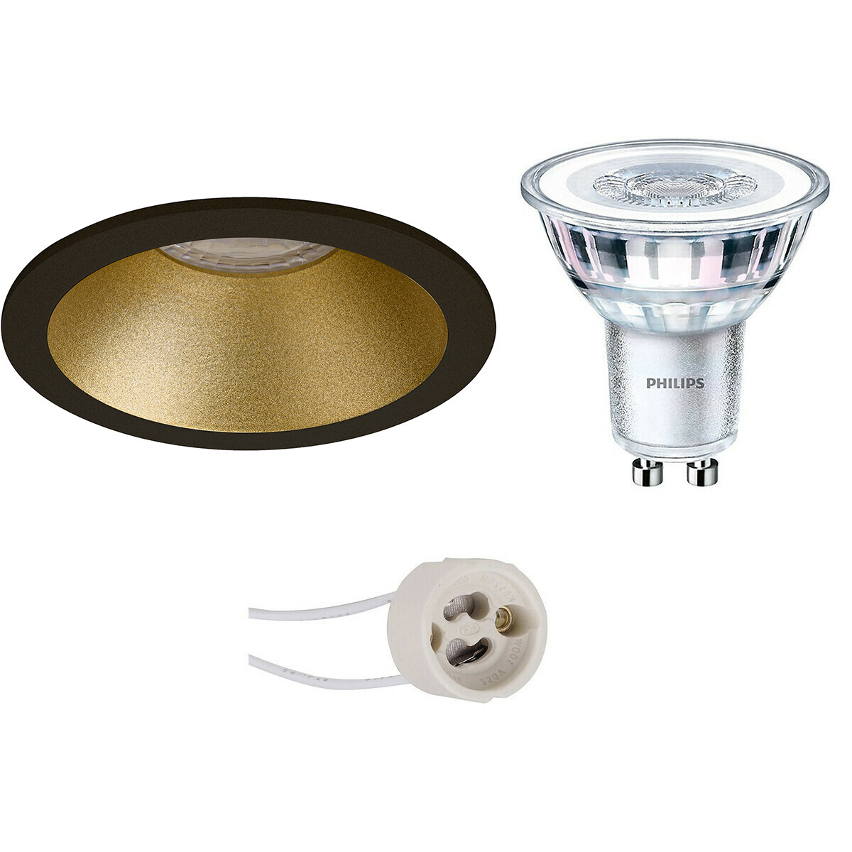 LED Spot Set - Pragmi Pollon Pro - GU10 Fassung - Runde Einbaustrahler - Mattschwarz/Gold - Vertieft - Ø82mm - Philips - CorePro 830 36D - 4W - Warmweiß 3000K - Dimmbar