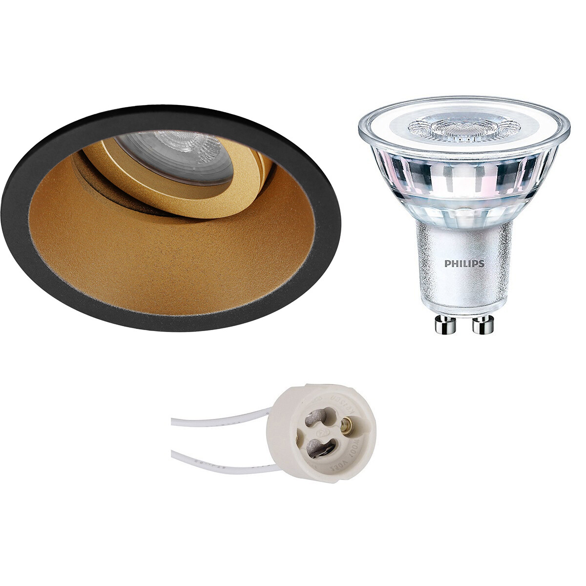 PHILIPS - LED Spot Set - CorePro 827 36D - Pragmi Zano Pro - GU10 Sockel - Einbau Rund - Mattschwarz/Gold - 3.5W - Warmweiß 2700K - Kippbar - Ø93mm