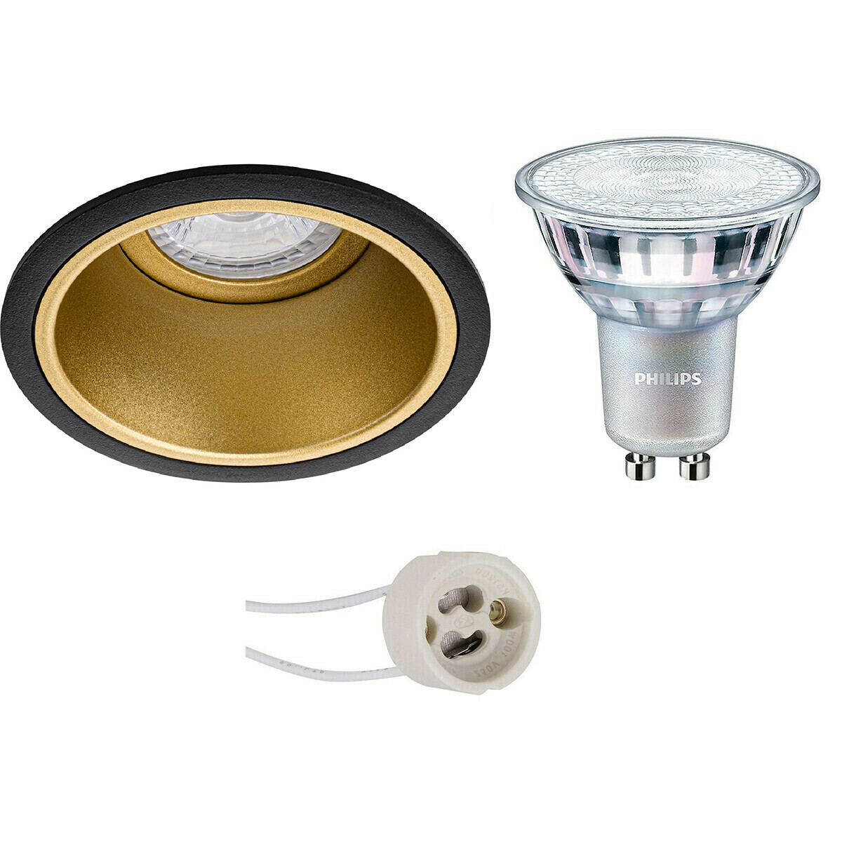 LED Spot Set - Pragmi Minko Pro - GU10 Fassung - Einbau Rund - Matt Schwarz/Gold - Vertieft - Ø90mm - Philips - MASTER 927 36D VLE - 4.9W - Warmweiß 2200K-2700K - DimTone Dimmbar